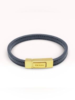 Prada Black Leather Bracelet with Gold 
Clasp • Unisex Designer Accessory